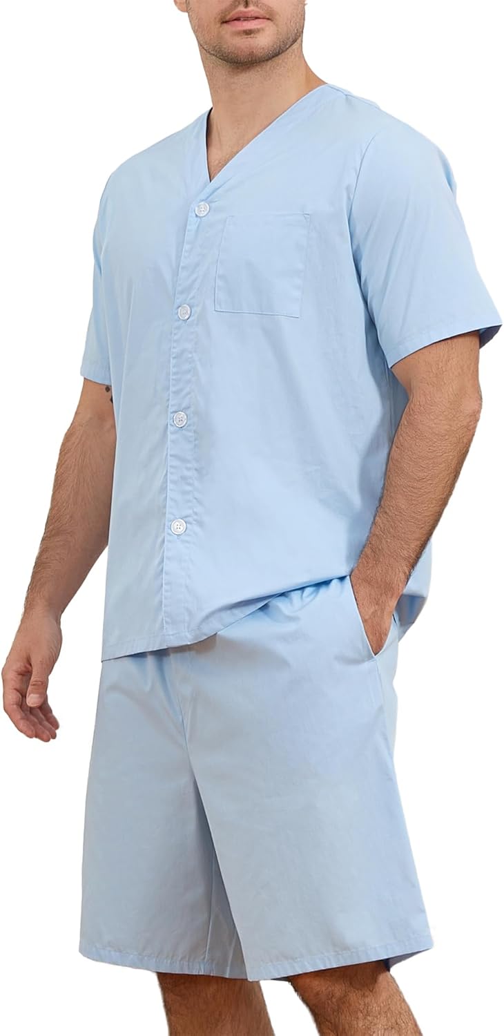 U2SKIIN Men's 100% Cotton Pajama Set Soft Breathable V Neck Button Down Short Sleeve Short with Pocket for Home Lounge Relax