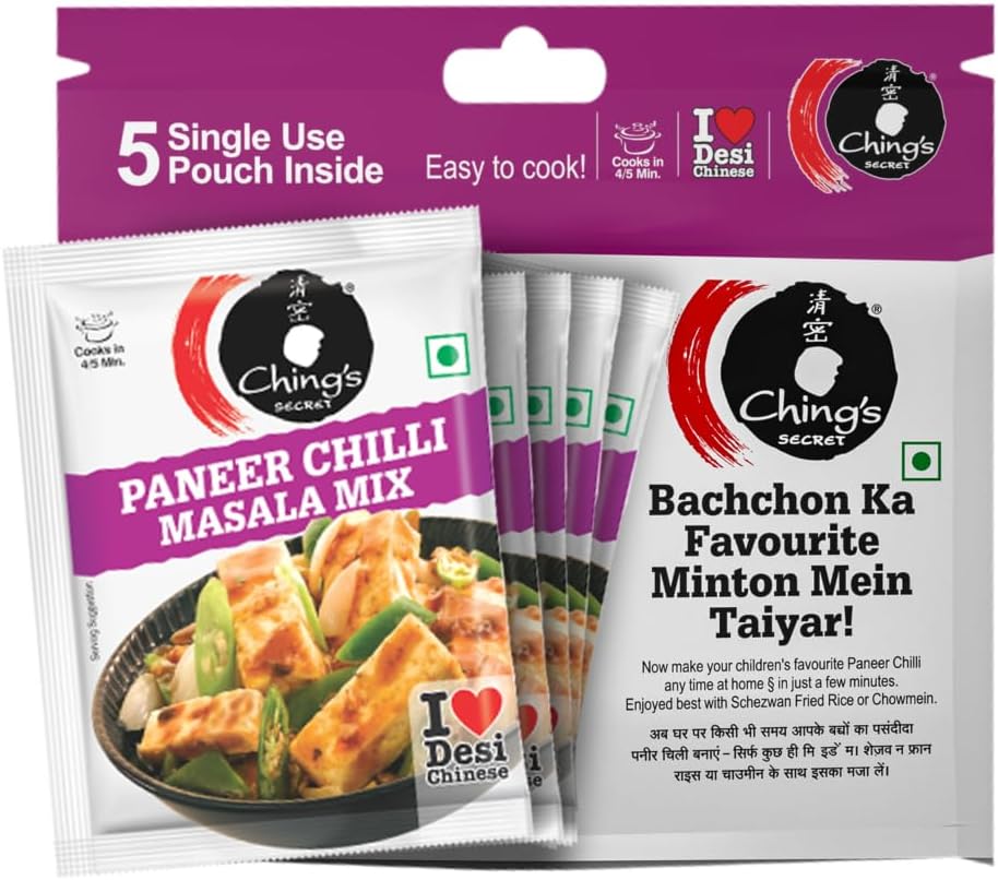 Ching’s Secret Paneer Chilli Masala Mix, 100g, Easy To Cook, Meal Kit, Cooks in 4/5Mins, 1 Pouch Serves 4, Pack of 5 Single Use Pouches