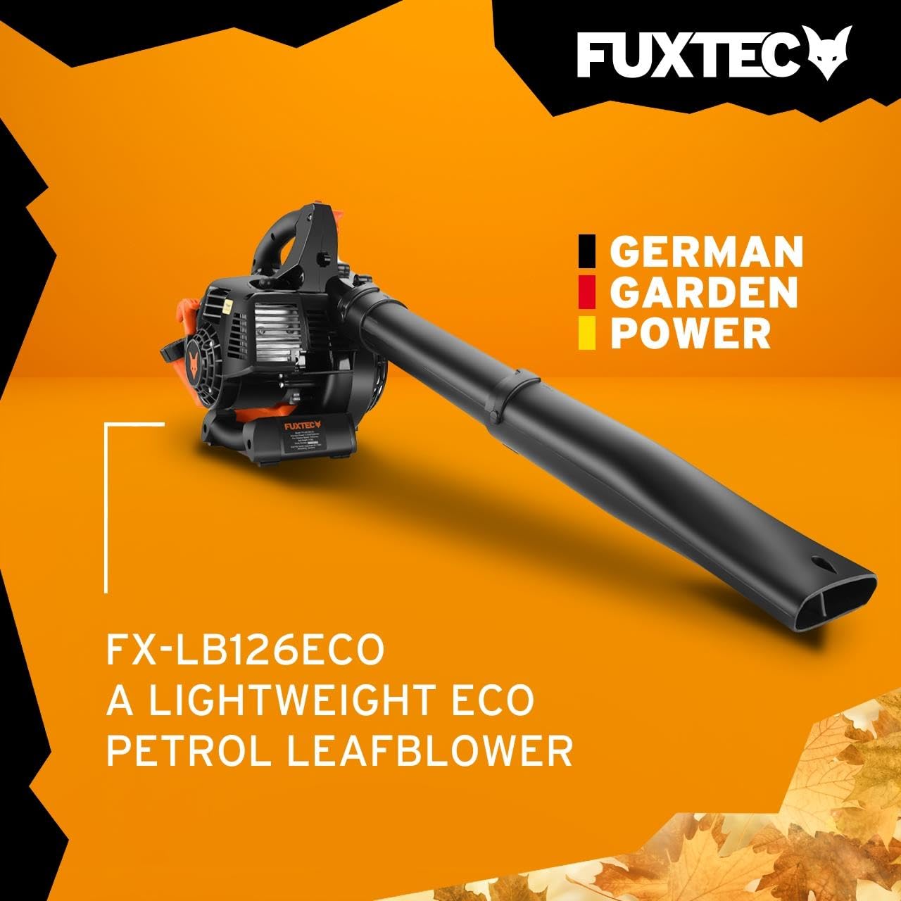 FUXTEC - Soplador de Hojas a Gasolina FX-LB126ECO Cilindrada 26 cm³ Velocidad del Aire 60 m/s Peso 4,5 kg Diferentes boquillas para Diferentes Superficies