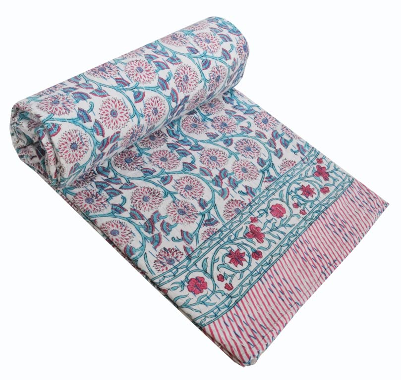 V Vedant Designs Hand Block Kantha Quit Indian Kantha Quilt Floral Kantha bedcover Throw Cotton Kantha bedsheet Twin/Queen Bedding Bohemian Kantha Bedspread (Floral 10, Twin(90x60))