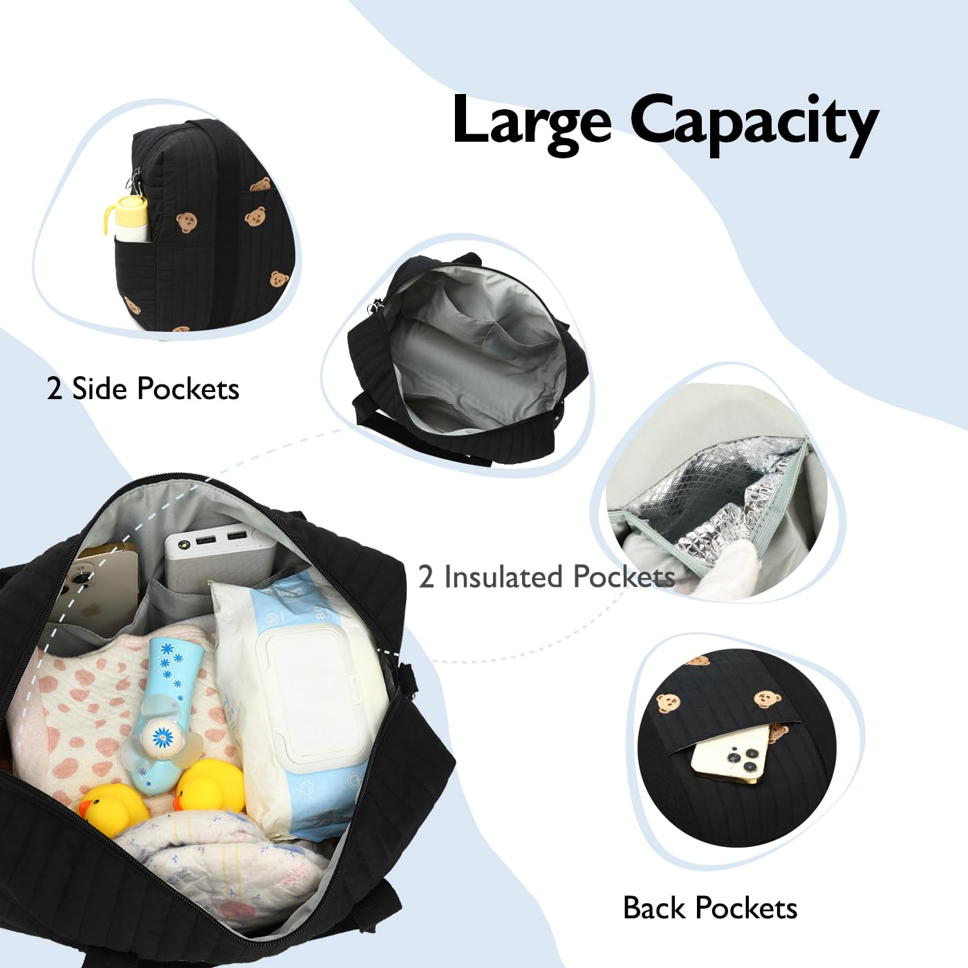 LORADI Medium Convertible Diaper Bag Tote with Insulated Pockets and Stroller Hooks, Black - Image 4