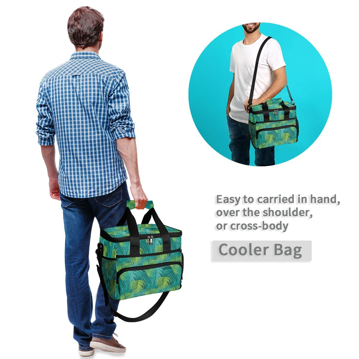 Bolsa de picnic de 15 L, 24 latas, bolsa de almuerzo aislada con hoja de palma, bolsas para viajes, camping, barbacoa, actividades al aire libre, asas, correa para el hombro