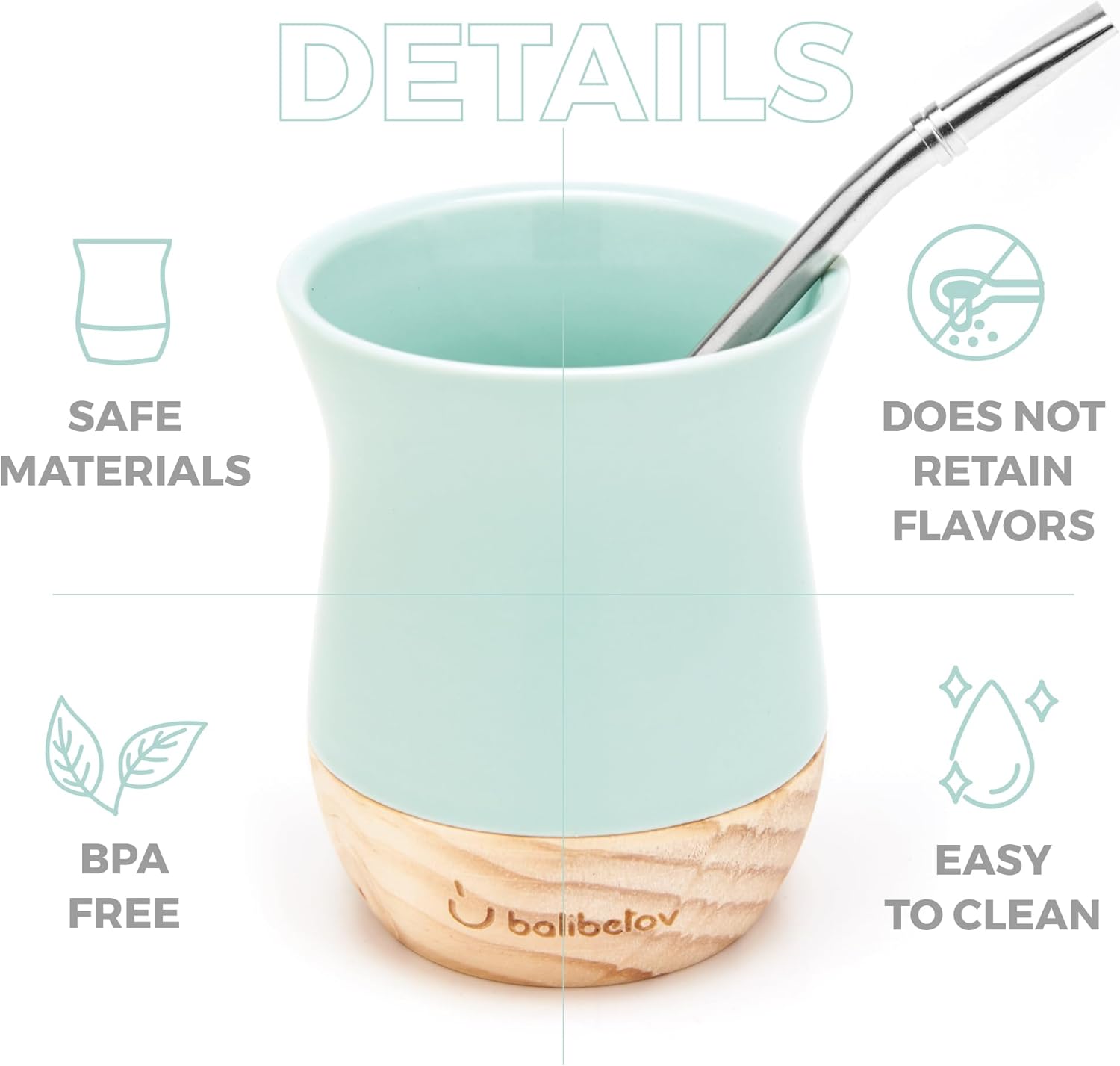 BALIBETOV Traditional Yerba Mate Cup & Bombilla Set | 8 Ounce Ceramic Mate Cup with Wooden Base | Includes 1 Bombilla Straw | Easy to Clean Design (Aqua) - Image 3