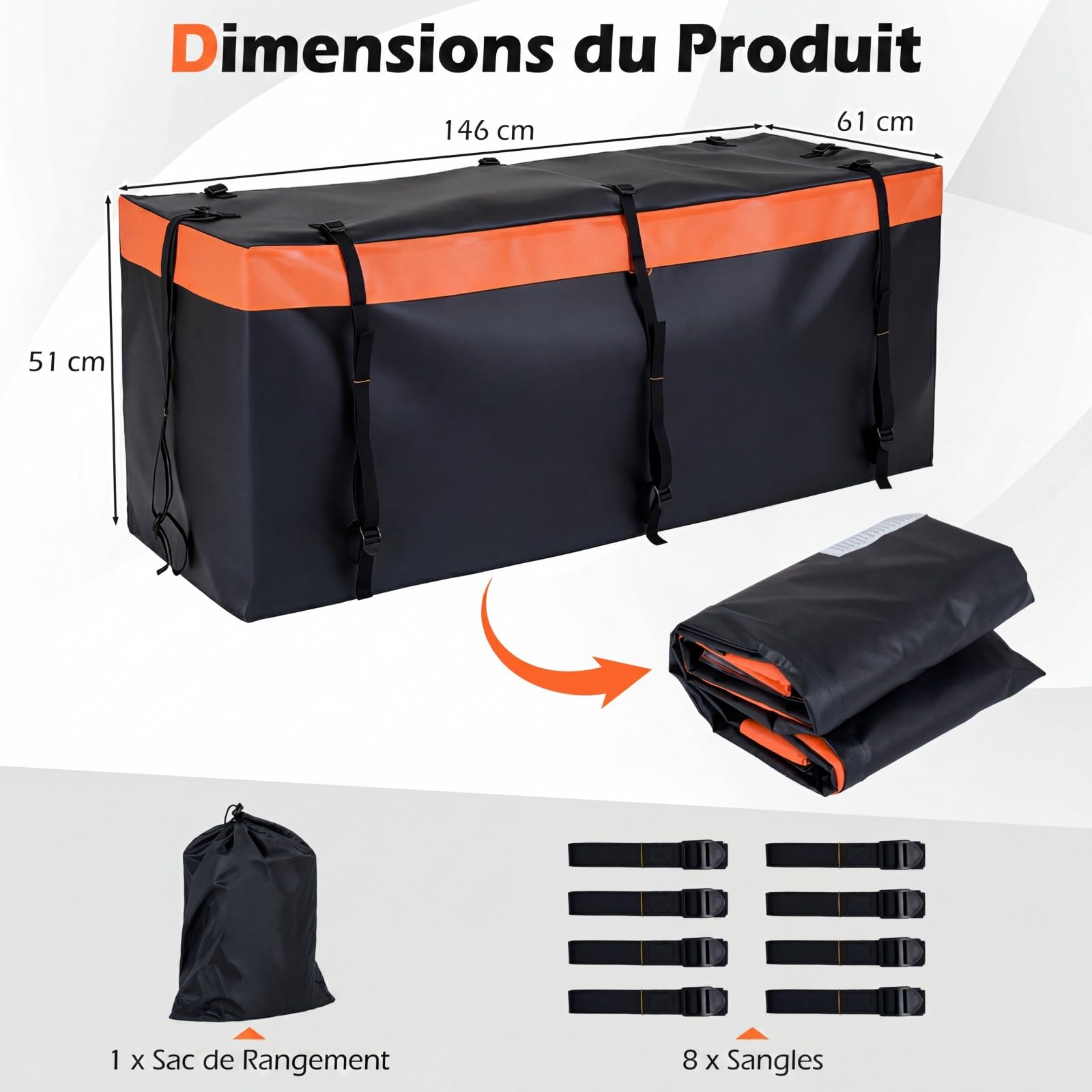 COSTWAY Coffre Attelage 453 L, Coffre Arrière pour Attelage de Remorque avec PVC Imperméable 8 Sangles Renforcées Sac de Rangement, pour Tous Les Véhicules avec Porte-Bagages Attelé
