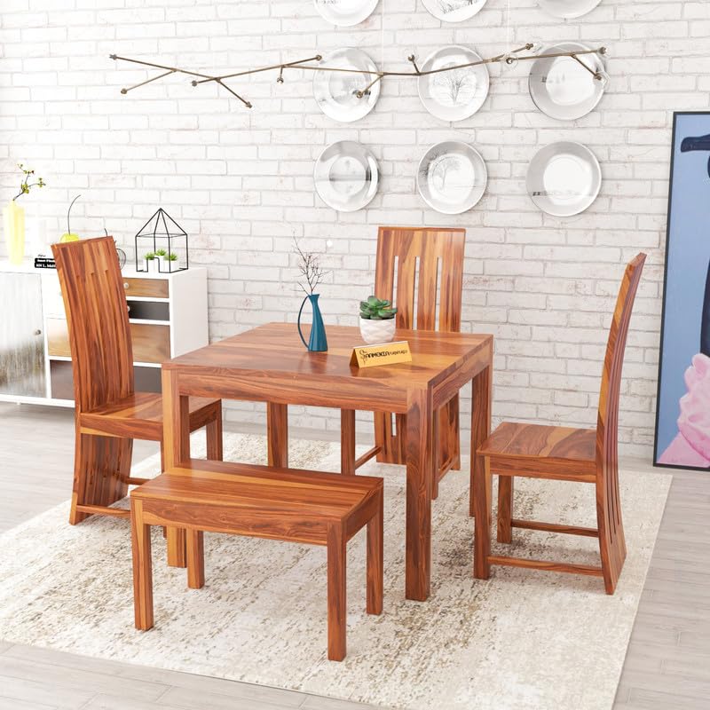 Image of Solid Sheesham Wood Dining Room Sets 4 Seater Dining Table with 3 Chairs & 1 Bench for Dining Room, Living Room, Kitchen, Hotel, Restaurant, Cafeteria (Zinor, Honey)