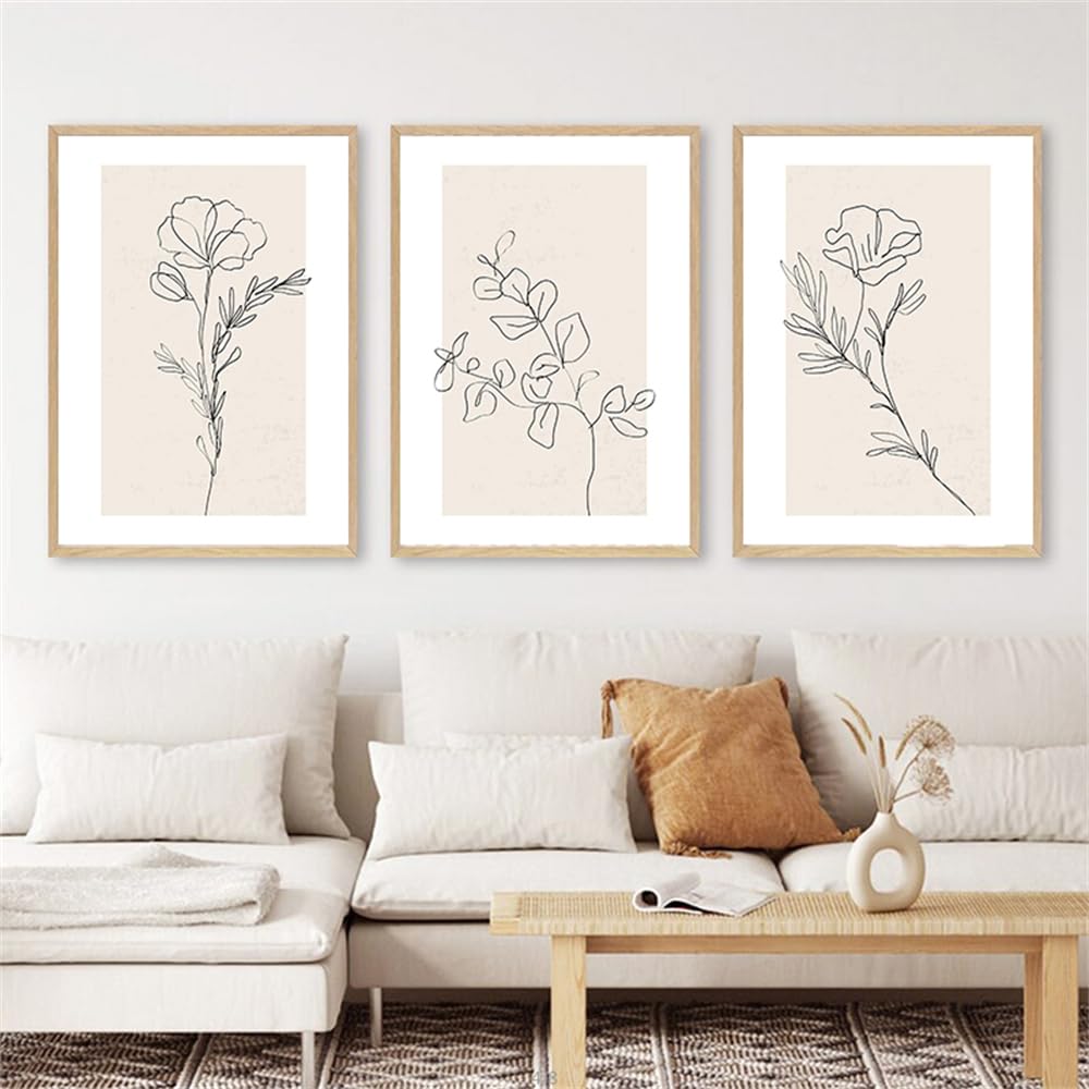 WBYZAC Wall Pictures-Nordic Beige Flower Poster Minimalist Line Leaves Canvas Painting Living Bedroom Interior Wall Art Picture Kitchen Home Decoration-40 * 50cm*3PCS (No Frame)