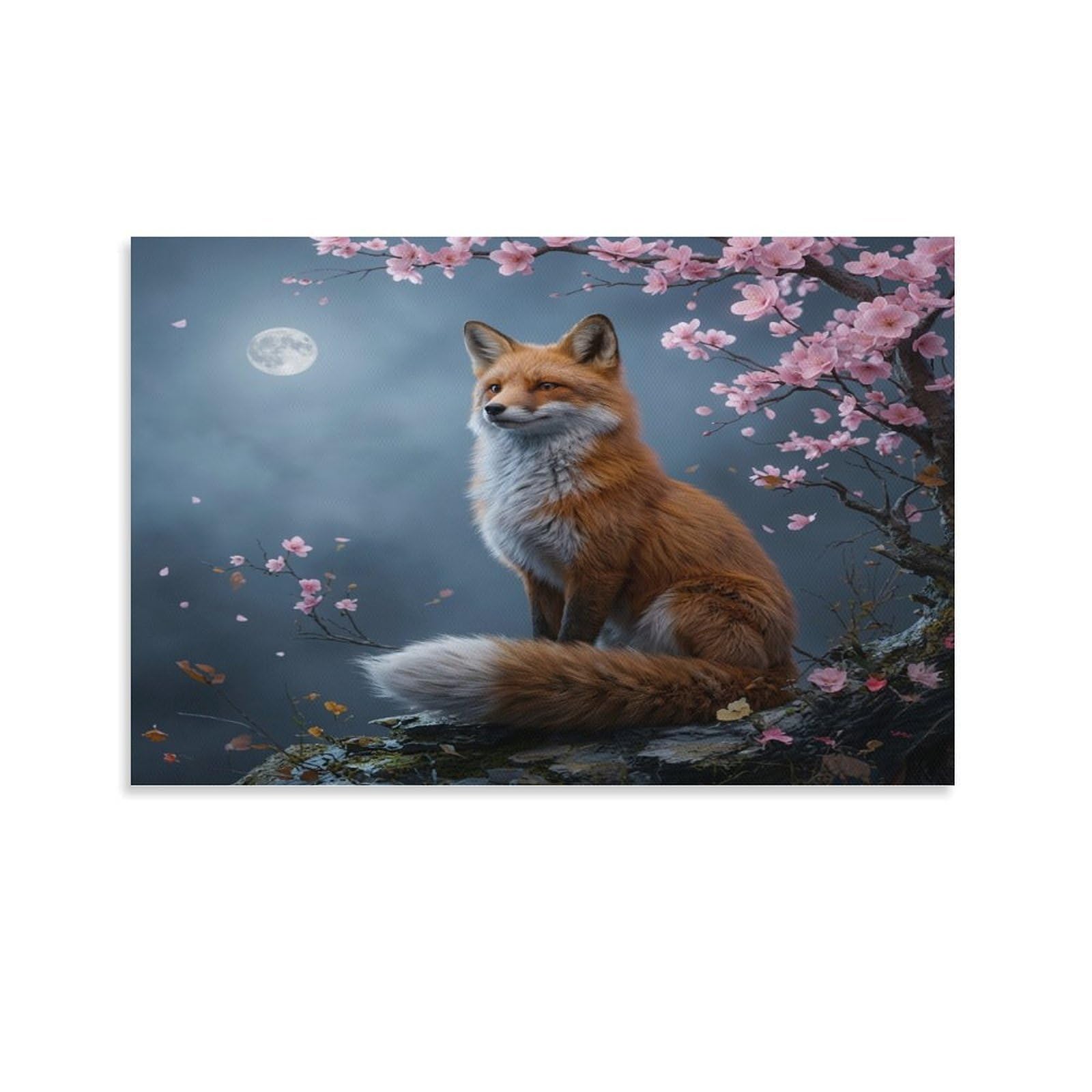 XPASHIQWC Moon Fox Poster Artwork Cherry Blossoms Canvas Prints Picture Modern Canvas Wall Art Picture Wall Hanging for Dining Room Kitchen Home Office Decor 20x30inch(50x75cm)