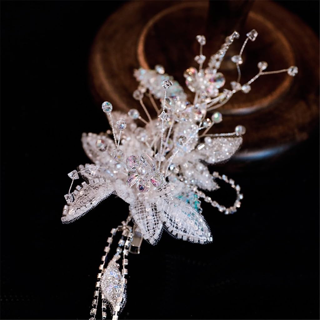 Bridal Tiara Korean Fashion Crystal Beaded Tassel Clip Side Earrings Set Wedding Dress Hair Accessories