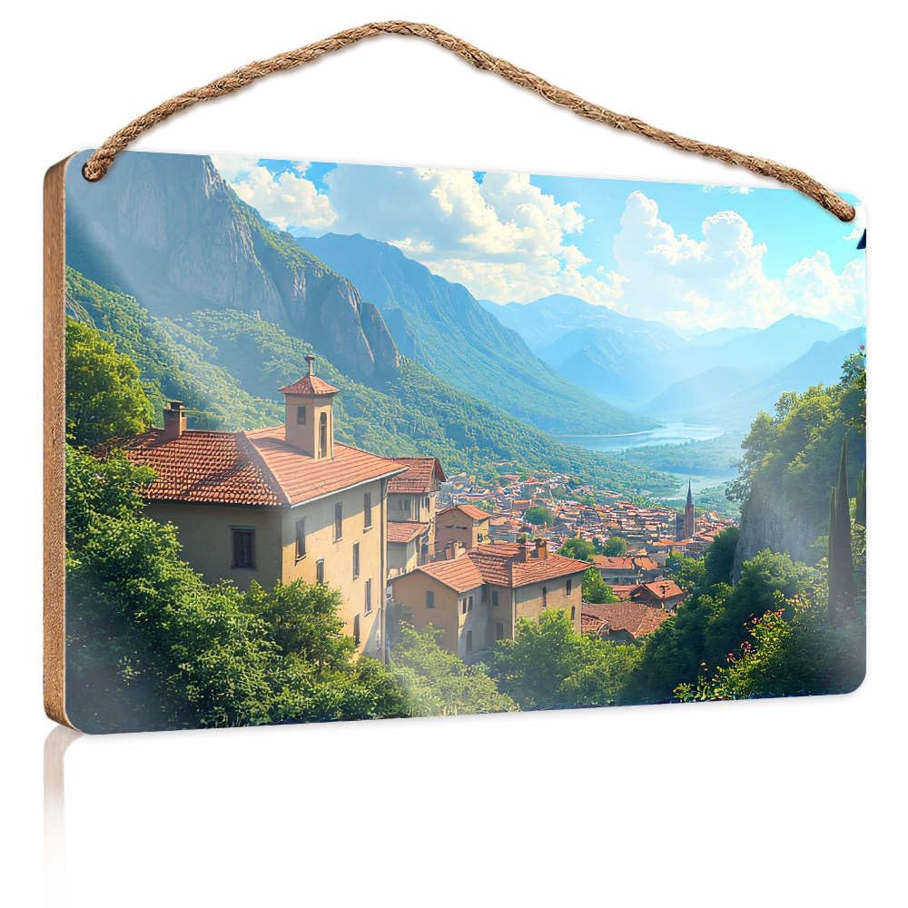 Bathroom Hanging Decor A Picturesque Village Nestled Among Lush Green Mountains. Camper Decor Fall Porch Decor(15X28CM)