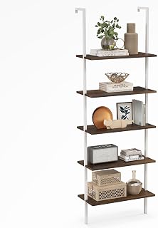 CASART 5-Tier Ladder Shelf, Modern Wall Shelf Display Rack, Plant Stand Bookshelf Storage Shelving Unit for Kitchen, Living Room and Office(Brown+White, 60x30x180cm)