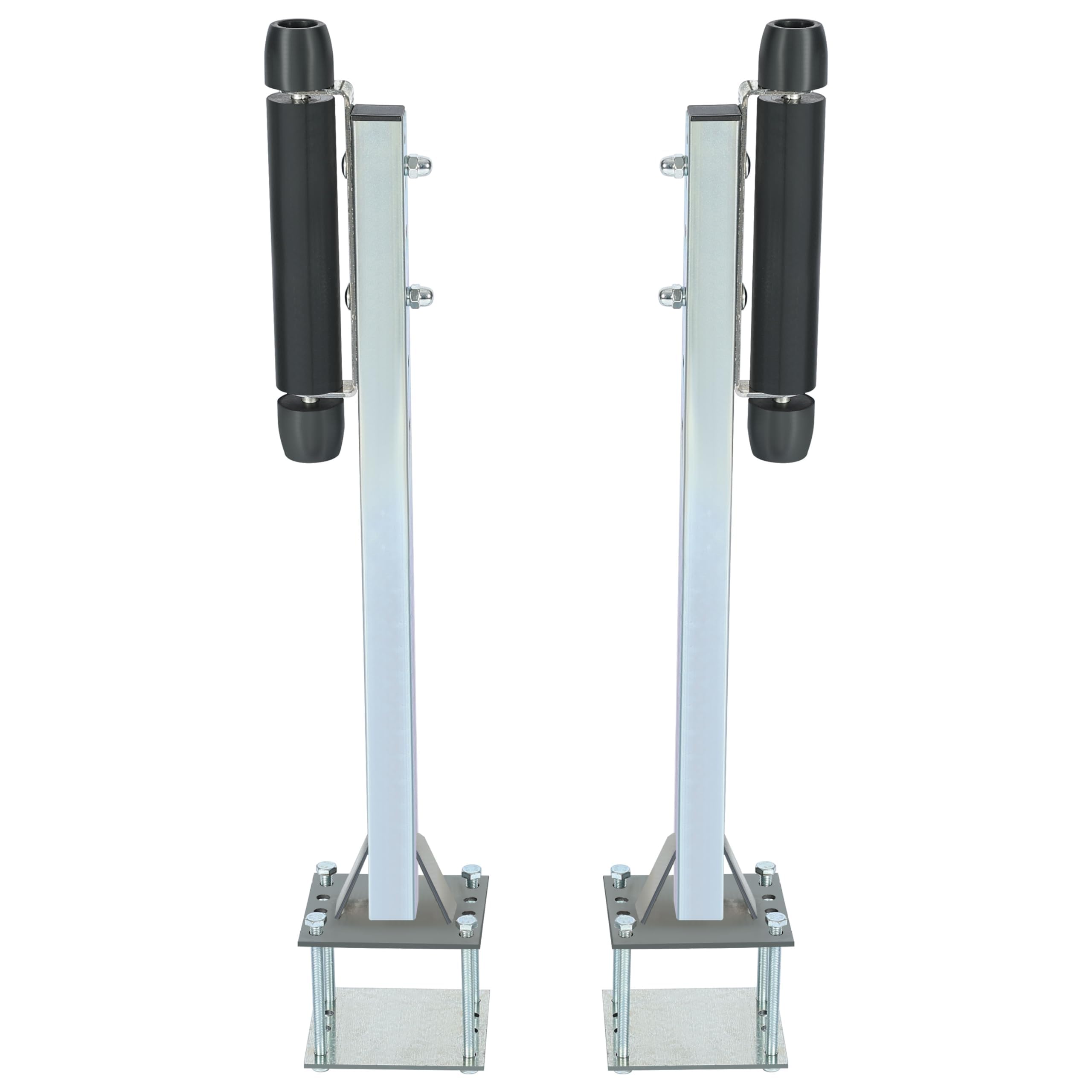 A single KUAFU Adjustable Trailer Guide post installed on a boat trailer frame, showing the U-bolt mounting mechanism and the black rubber roller.