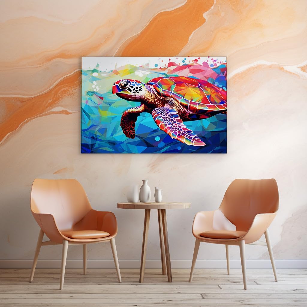 Canvas for Living room. Vibrant Journeys of Color: A Majestic Sea Turtle's Underwater Odyssey, 27 x 18 inch Canvas Wall Art - Beach Sunsets And Sunrises - Modern Home Decor