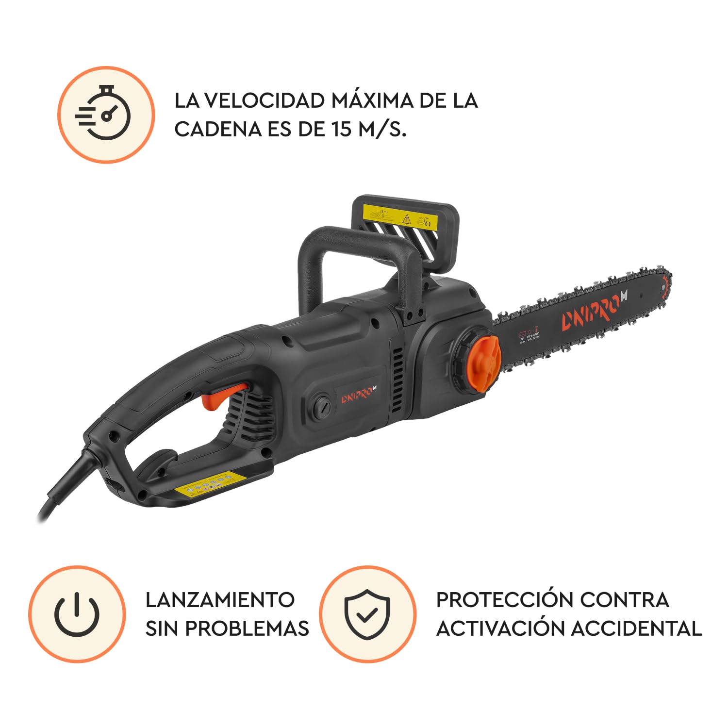 Motosierra Eléctrica 2400W Espada 40cm, para Poda, Corte de Troncos y Leña, Tensor de Cadena Sin Herramientas, Lubricación Automática, Arranque Suave, Freno de Cadena. DSE-24DS
