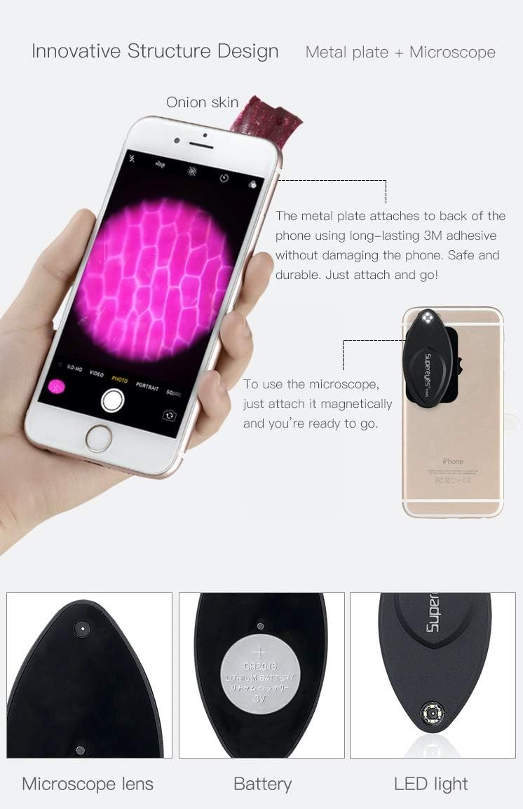 Detailed image showing the metal plate being attached to an iPhone, followed by the microscope attachment.
