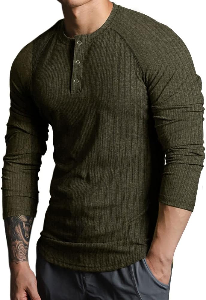 Lehmanlin Mens Thermal Shirt Long Sleeve Muscle Henley Slim Fit Cotton T-Shirt Fashion Casual Ribbed Top