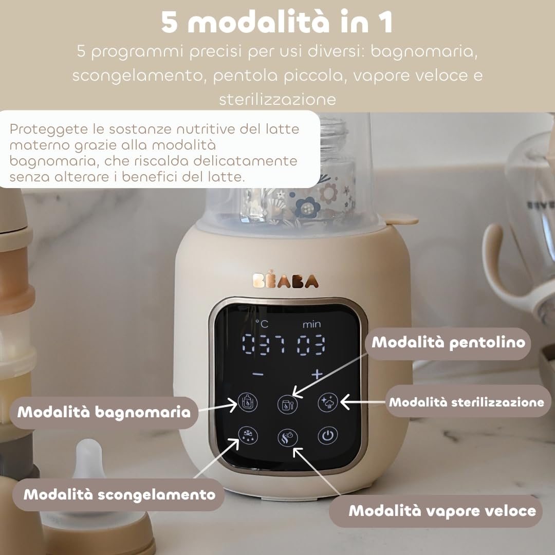 BÉABA, Scaldabiberon/Sterilizzatore, Scaldlatte Materno/Infantile, Multifunzione: 5 Modalità, Bagnomaria, Scaldapappe, Scongelamento, Modalità Rapida, Modalità Sterilizzazione, Multi Milk, Argilla