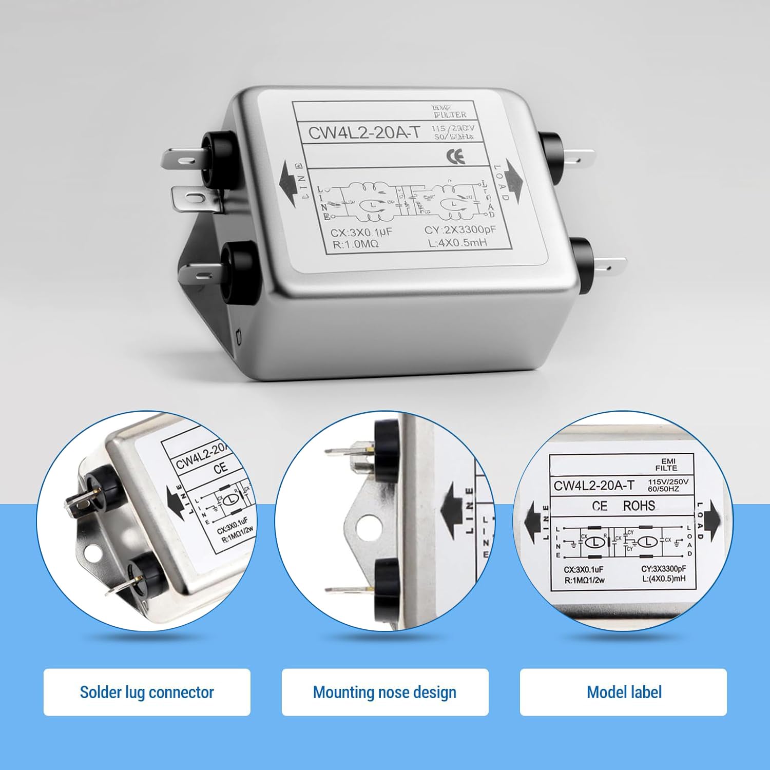 Fyearfly Filtre Emi de Ligne D’Alimentation, 115V/250V 20A 50/60Hz Cw4L2-20A-T Module de Filtre Emi avec Trou de Vis de Montage