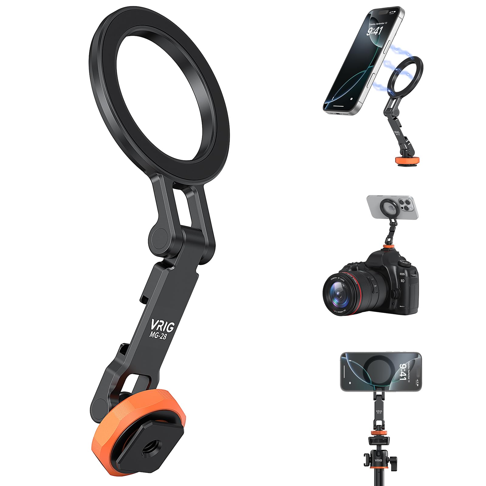 VRIG magsafe用三脚マウント カメラ スマホホルダー スマホ 三脚 マグネット アルミ合金製 スマホホルダー 三脚 片手操作 超強力磁力 角度調整 折りたたみ式 コールドシュー付き スマートフォン三脚スタンド1/4インチネジ穴iPhone17/16/15/14/13/12/Sony/SHARP/一脚/Canon/Sony/Nikon/Fujifilm/一眼レフ/に対応 MG-28