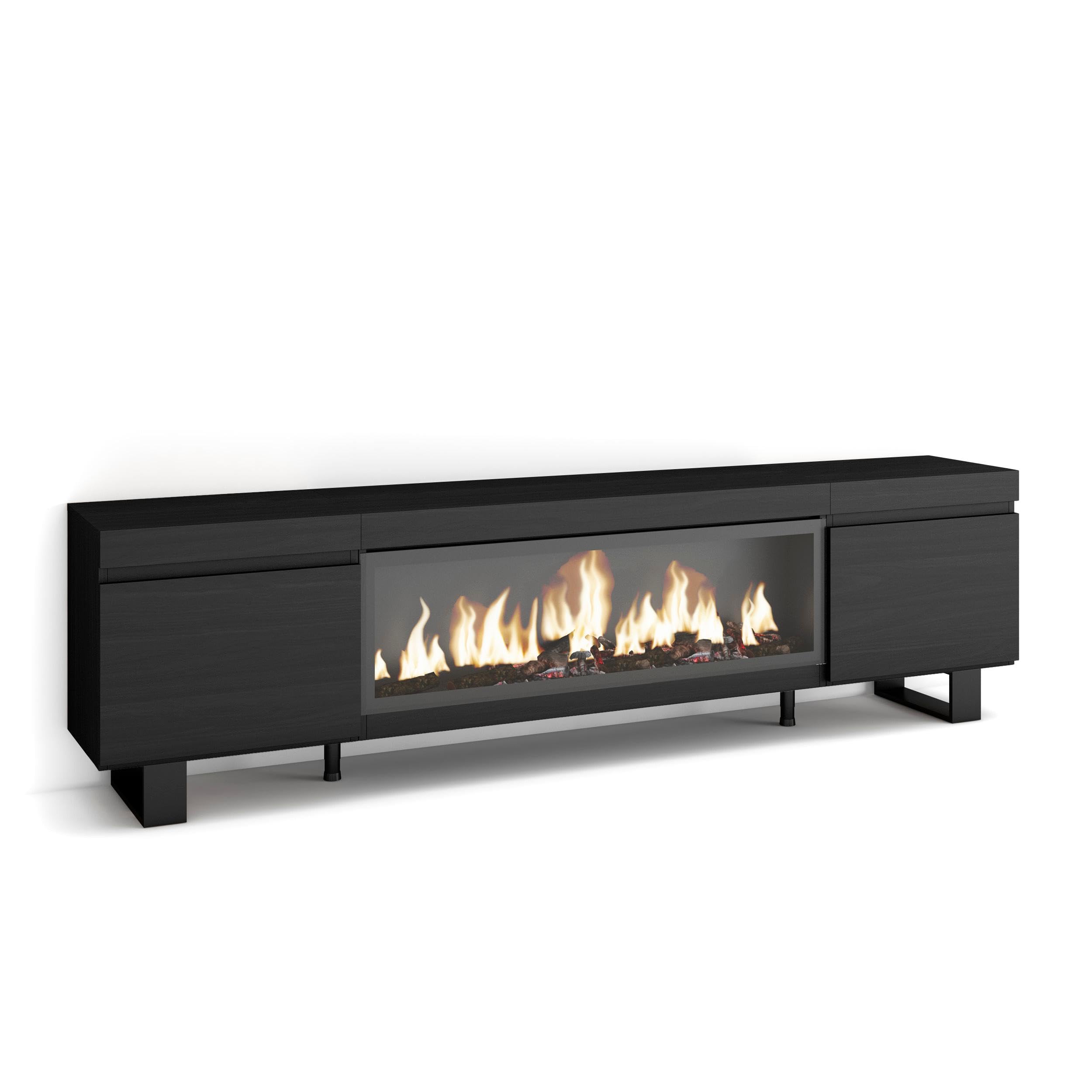 Skraut Home | Mueble TV | Televisión | Muebles de salón, almacenaje | 210 | para TV hasta 80" | Chimenea eléctrica XXL | Diseño Industrial | Estilo Moderno | Negro