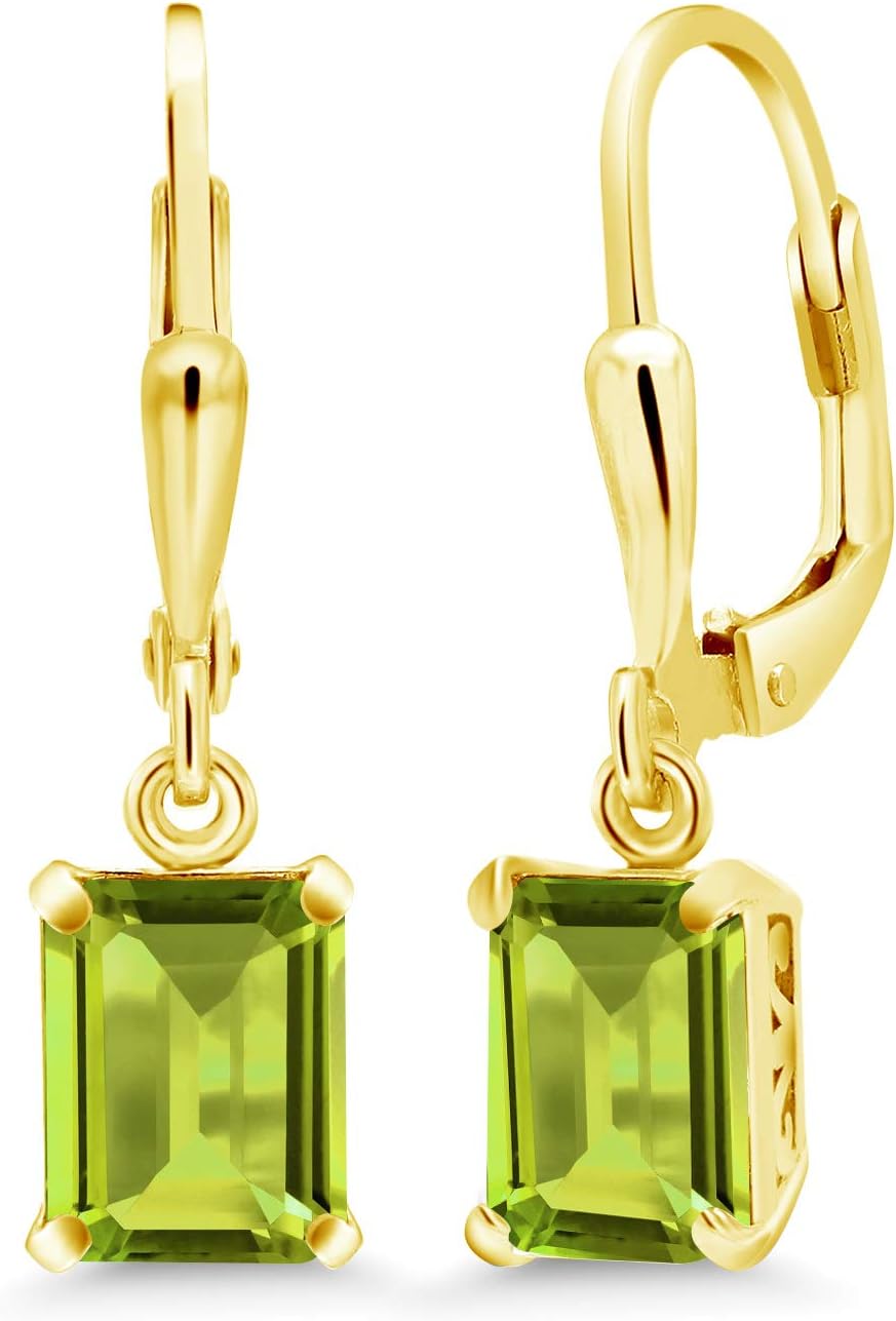 Gem Stone King 18K Yellow Gold Plated Silver 8X6MM Emerald Cut Gemstone Birthstone Drop Dangle Earrings For Women