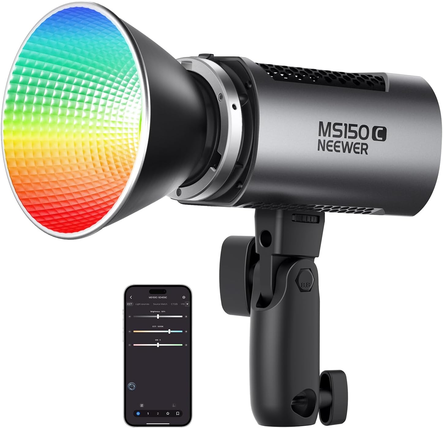 MS150C RGBWW LED Video Light with 2.4G/APP Control, 150W Metal Mini RGB COB Continuous Output Lighting Bowens Mount Handheld Spotlight 2700K-6500K, 16600lux/1m, CRI97+/TLCI98+,17 Effects, RGBCW