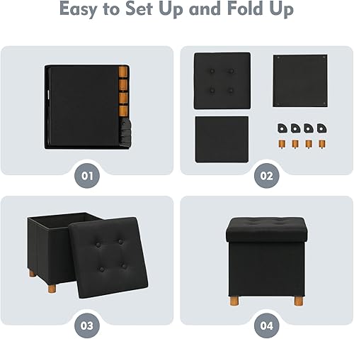 Miniatura 9 de PINPLUS Cubo otomano de almacenamiento, otomana de lino con patas de madera, reposapiés otomano plegable de tela, asiento cómodo con tapa, otomana