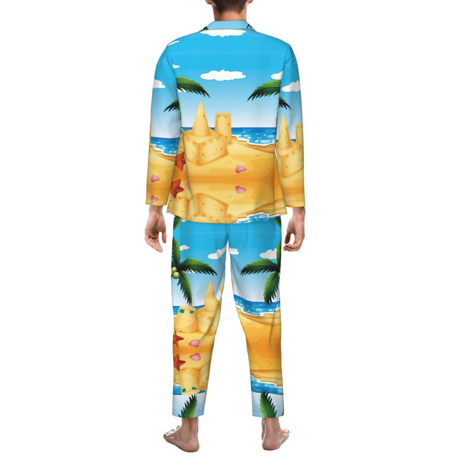 Conjunto de pijama con estampado de casa de arena para hombre, pijama suave de manga larga con botones y bolsillos