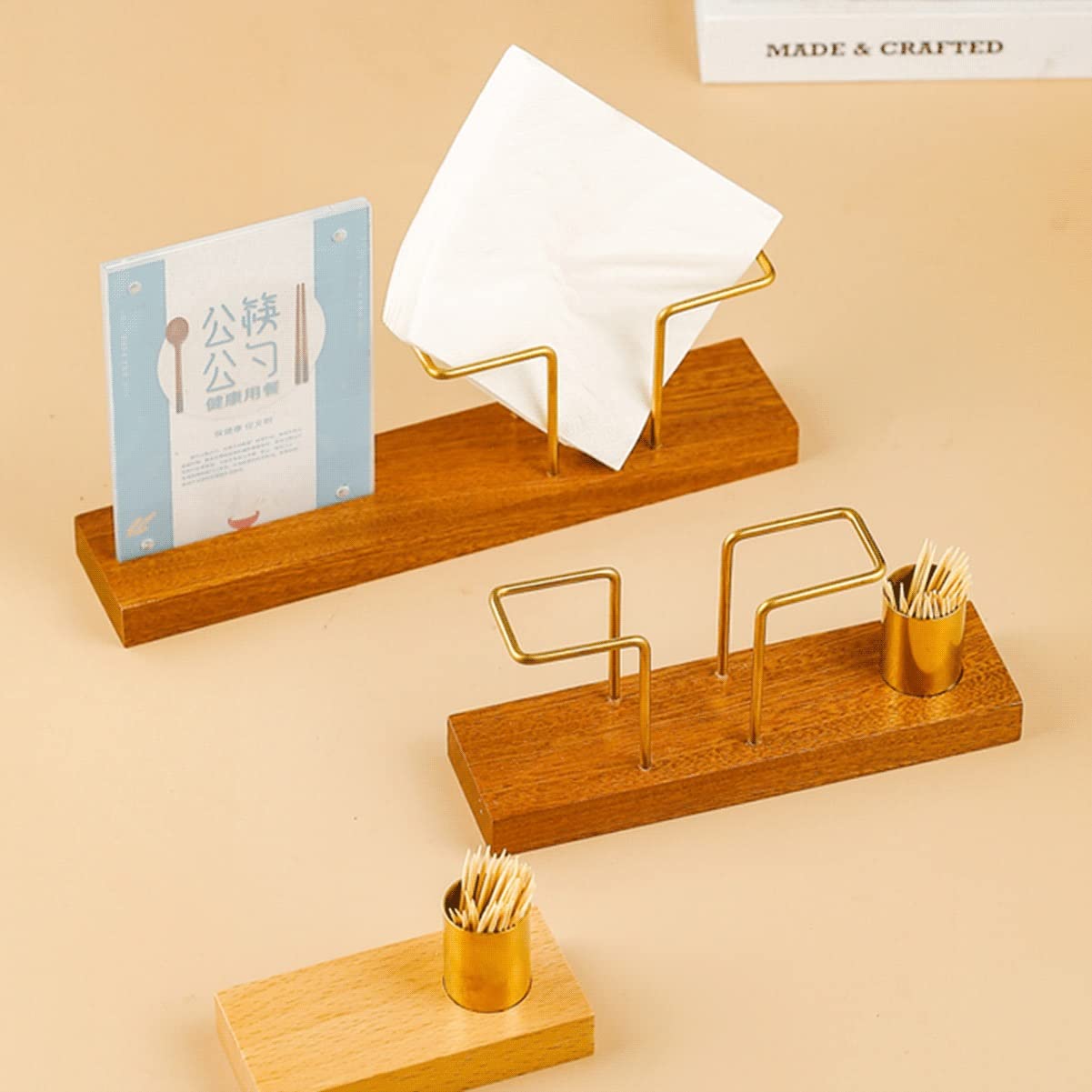 Présentoir à Serviettes en Papier, Organiseur en Laiton avec Base en Bois Massif, Distributeur de mouchoirs avec boîte à Cure-Dents, présentoir en Acrylique pour comptoirs de resta