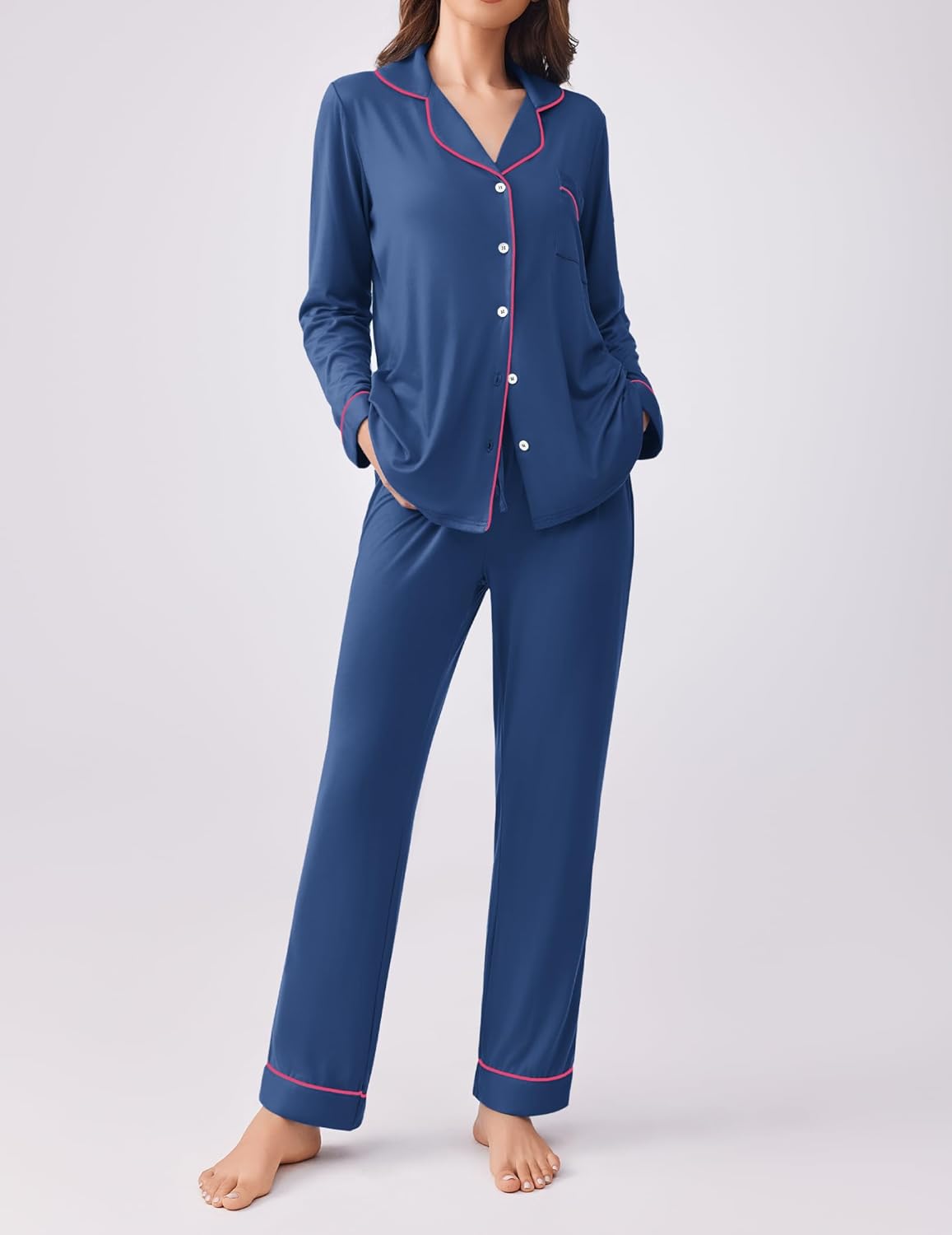 Ekouaer Womens Pajamas Set 2 Piece Button Down Pjs Soft Long Sleeve Top and Pants Sleepwear Set Lounge Sets - Image 3