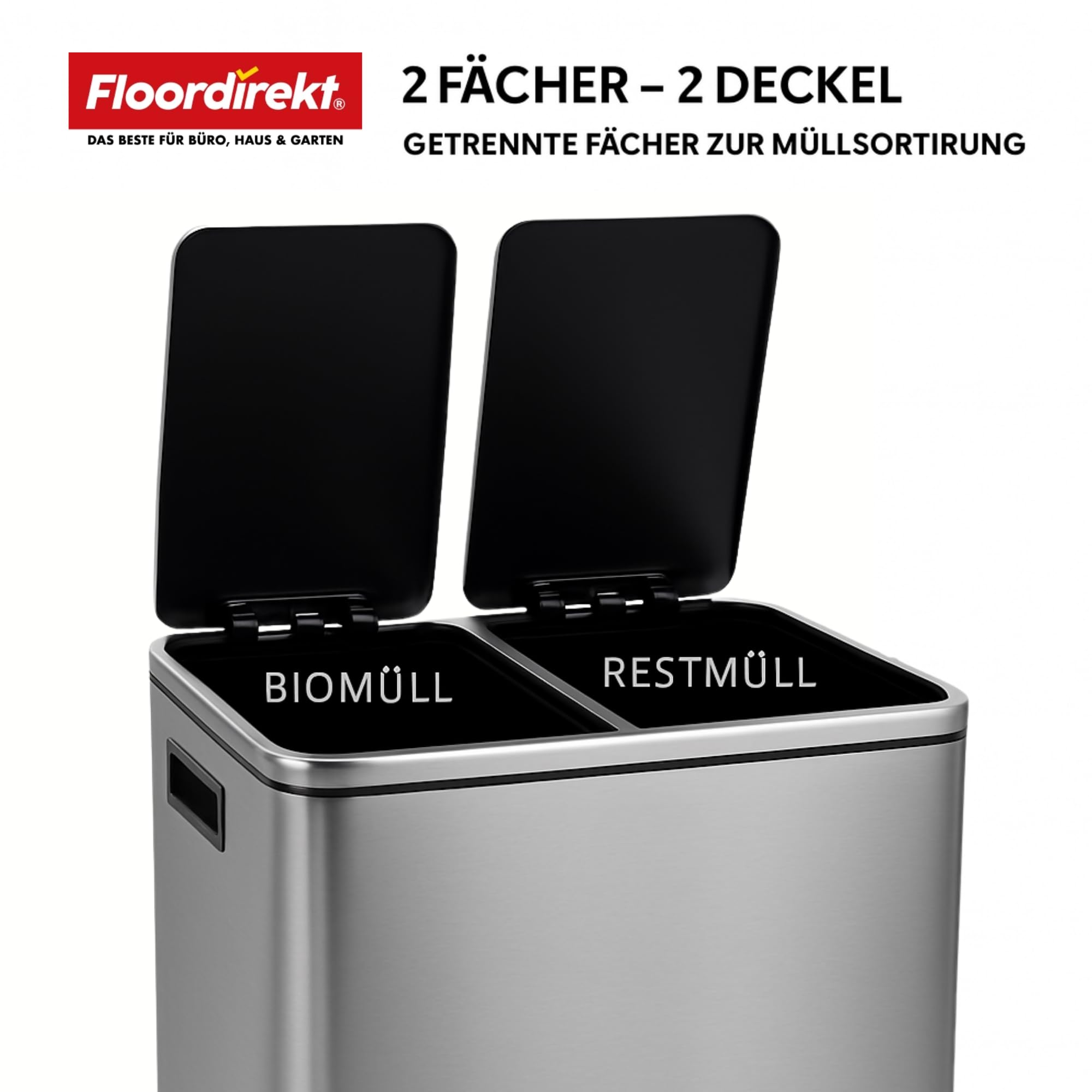 Floordirekt Felix Pattumiera Pedale 30L Con Doppio Contenitore – Secchio Raccolta Differenziata In Acciaio, Antracite 41x36x47 Cm - 3