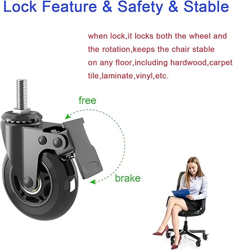 Miniatura 3 de Paquete de 5 ruedas giratorias de 3 pulgadas con bloqueo doble de seguridad, pernos ingleses resistentes de 38 a 16 UNC, ruedas de goma con frenos,