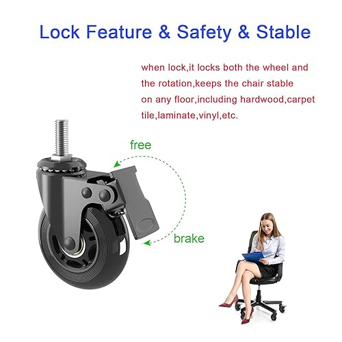 Miniatura 3 de Juego de 5 ruedas giratorias de 3 pulgadas (3 con doble freno de seguridad, 2 sin), ruedas giratorias resistentes con vástago roscado de 38 a 16UNC,