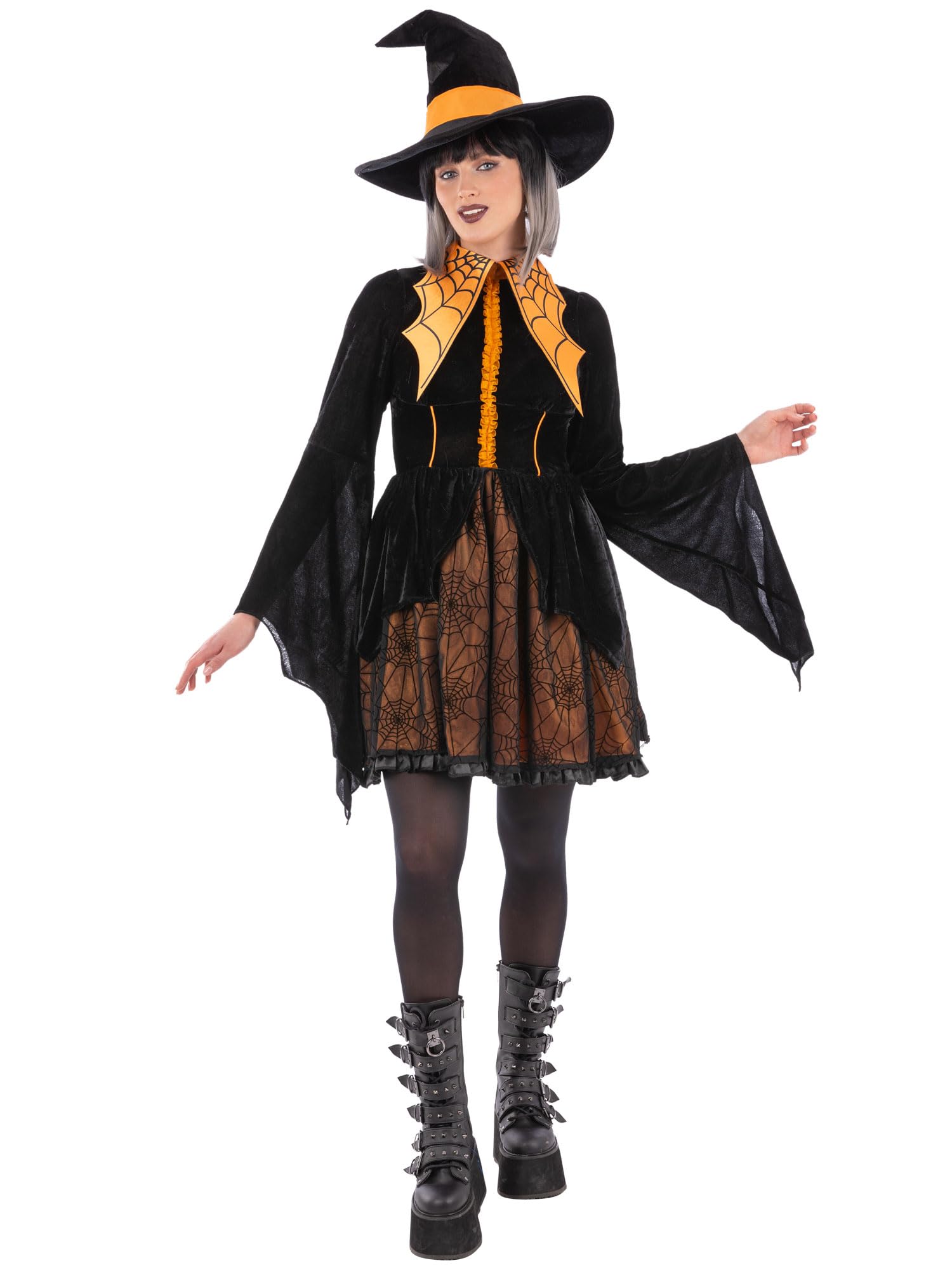 Smiffys Ladies Orange Cosplay Spider Witch Costume with Dress and Hat Women’s Halloween Fancy Dress Outfit Gothic Witch Style, Medium