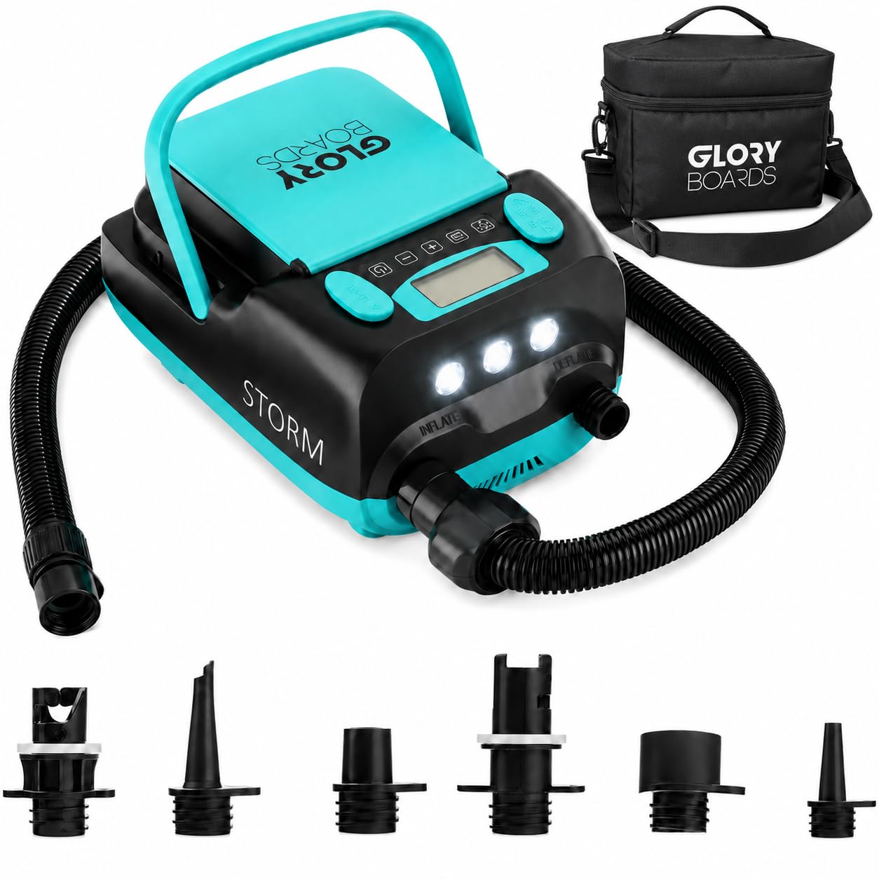 GLORY BOARDS® - SUP Pumpe Akku | elektrische Pumpe SUP | 20 PSI Hochdruck | elektrische Luftpumpe mit 6 Adapter für Stand up Paddle Boards, Boote, Kajak, Luftmatrazen, Zelt | 230V & 12V Ladefunktion