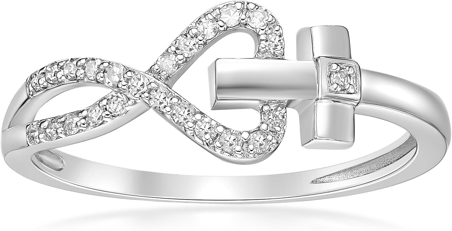 Lavari Jewelers 1/8 Carat Natural Diamond Infinity Heart with Side Cross Purity Ring for Women I 925 Sterling Silver (H-I, I2-I3, 0.12 cttw) Wedding Ring for Her I Engagement Band Size 5 to 9