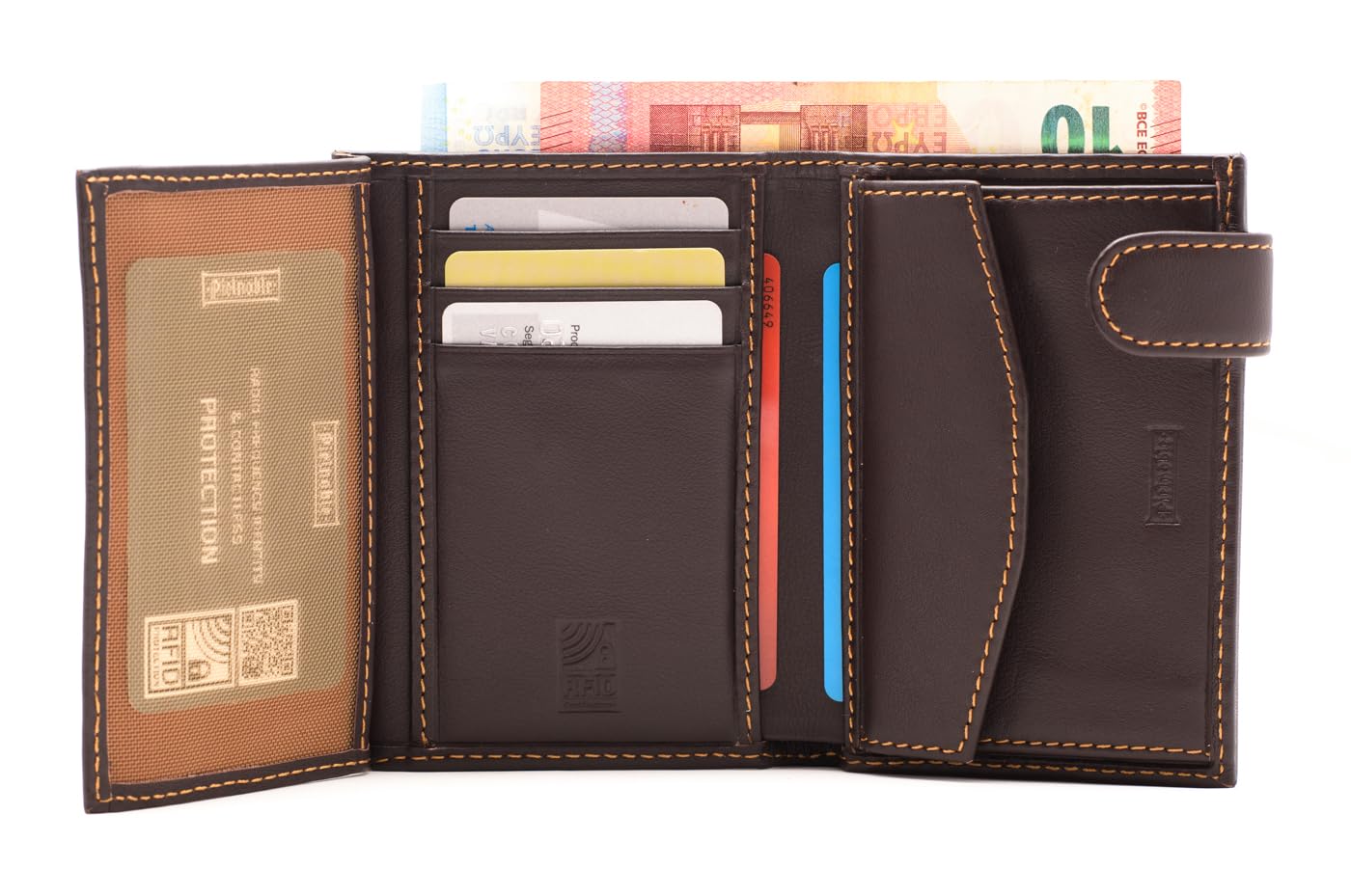 PE228 Cartera Marron de Piel Legitima con Broche Exterior y Monedero Interior para Hombre | Billetera con Protección RFID, Doble Billetero.