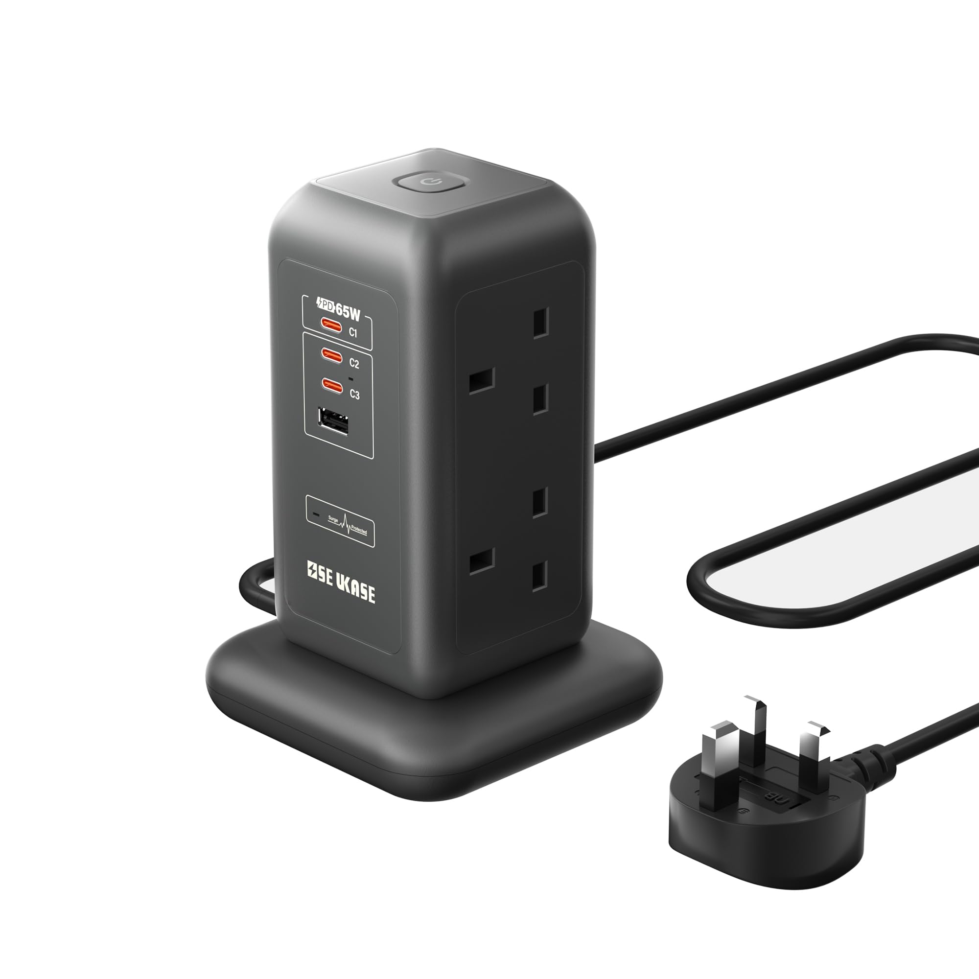 SE UKASE USB C Extension Lead Tower, 65W PD Fast Charger, 6-Gang AC Outlets & 4 USB Ports, 13A 3250W Multi Plug Socket with 2m Cable, Desktop Charging Station for Home Office