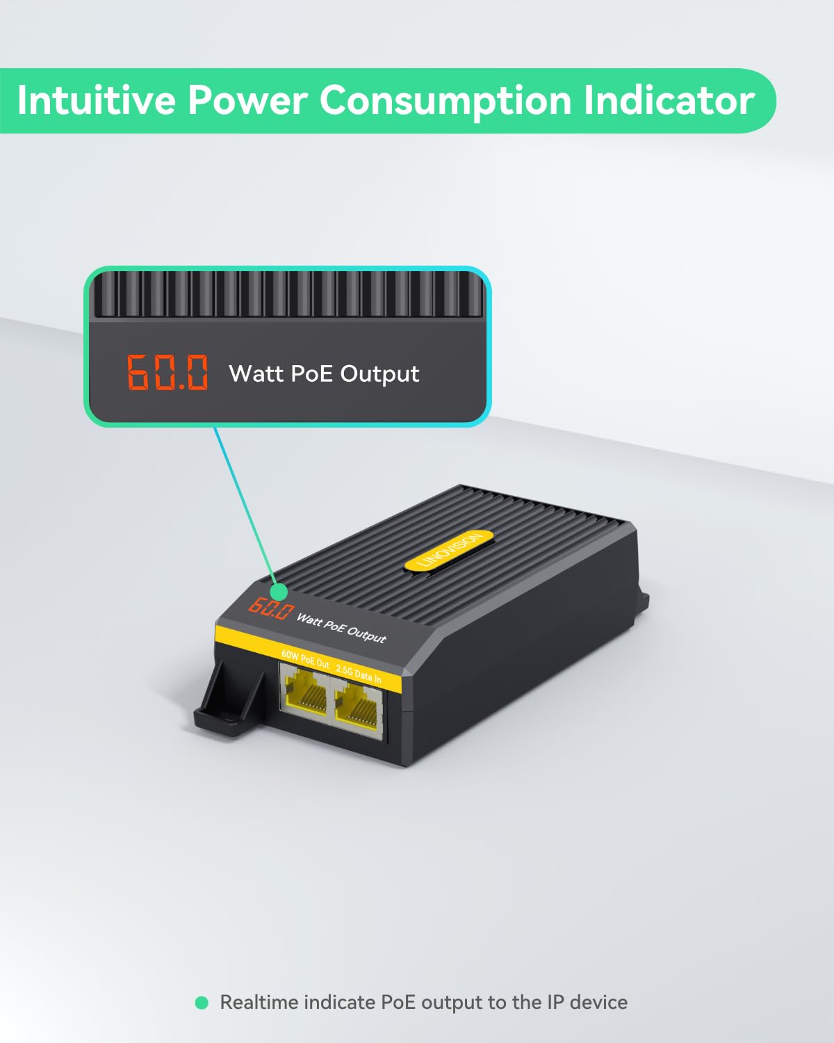 LINOVISION 2,5G BT 60W PoE++ Injektor mit Echtzeit-Leistungsanzeige, Single-Port IEEE802.3bt PoE-Injektor für PTZ-Kameras, PoE-Beleuchtung, WiFi 6-Zugangspunkte