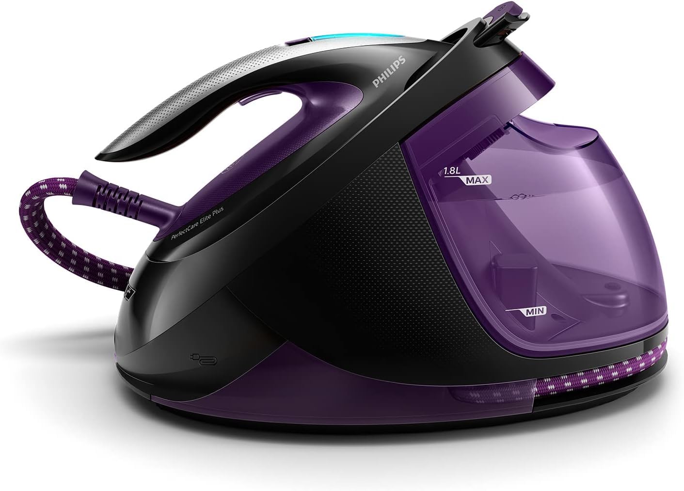 Philips PerfectCare Elite Plus Dampfbügelstation – 2700 W, Dampfstoß 550 g, Druck 7,7 bar, OptimalTEMP-Technologie, 1,8-Liter-Wasserbehälter, lila/schwarz (GC9675/80)