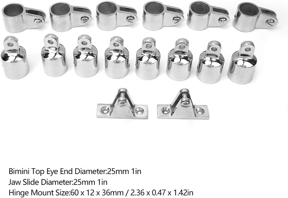 ViaGasaFamido 16Pcs Bimini Top Hinge Rail Mount Boat 3-Bow Bimini Top Cover Cap Stainless Steel Boat Fittings Hardware Hinge Mount Jaw Slide Bimini Top Eye End Kit 25mm/1in
