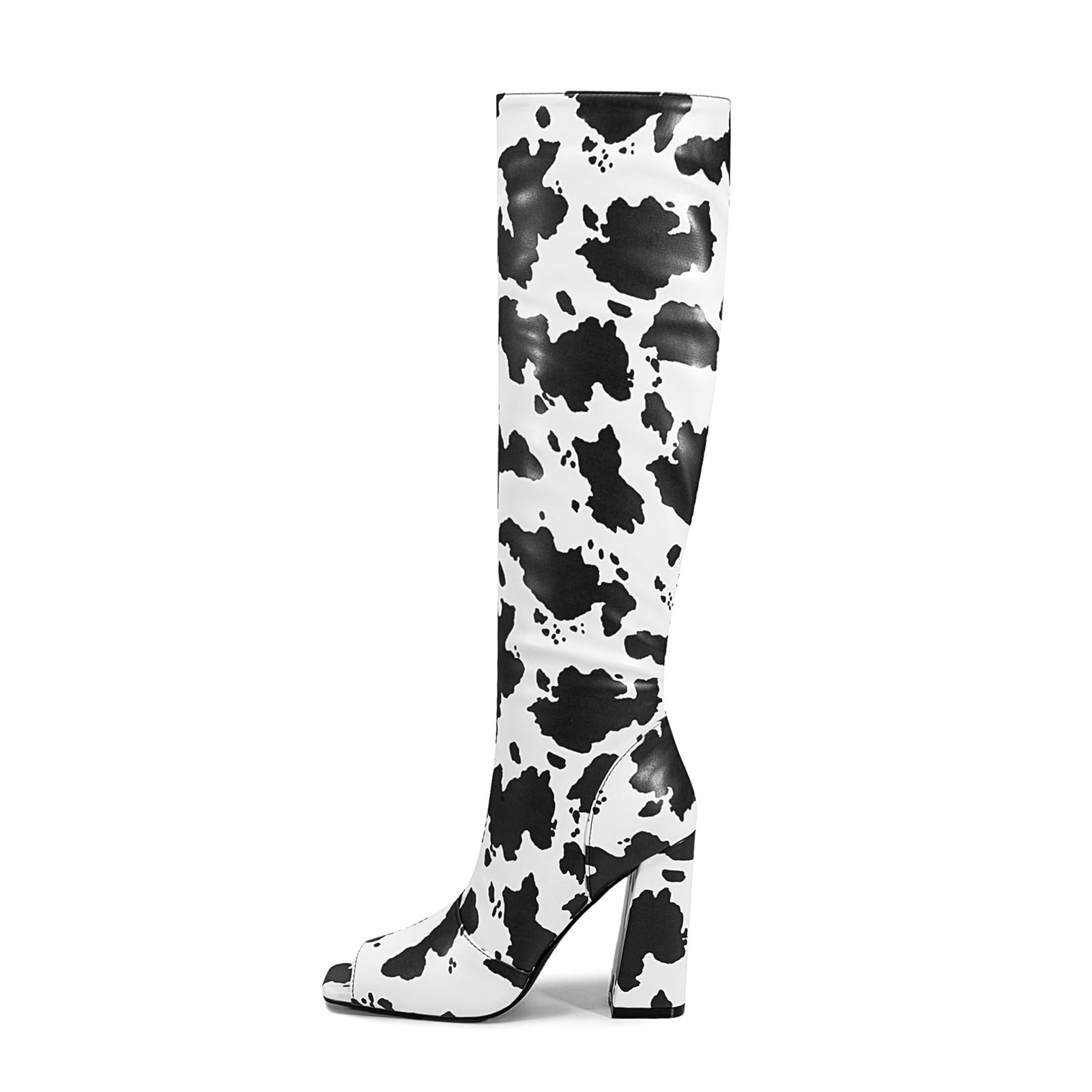 2025 Cow print Silver glitter knee high boots for women High heeled Peep toe side zipper big size