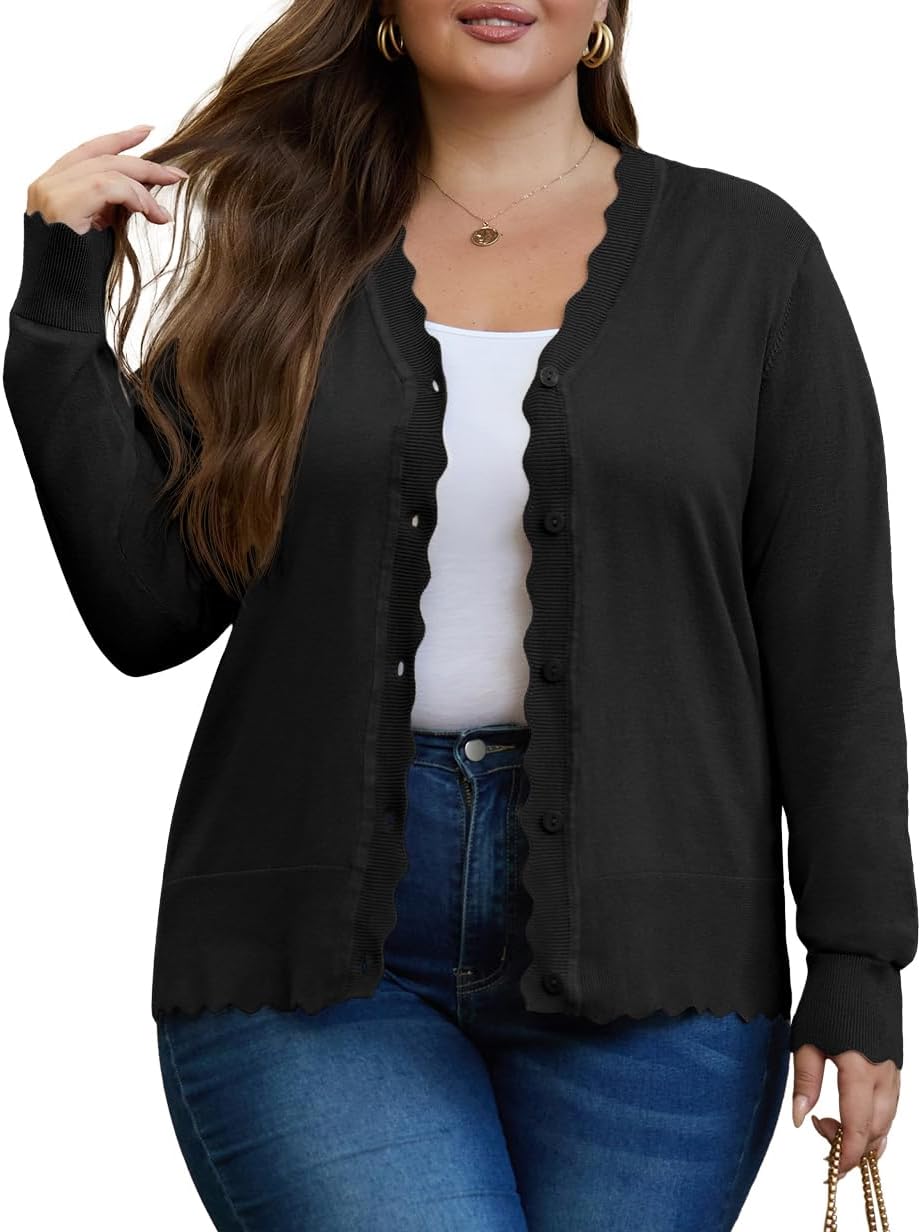 OLRIK Plus Size Cardigan for Women Cropped Long Sleeve V-Neck Buttons Down Ribbed Wave Edges Casual Knit Shrugs
