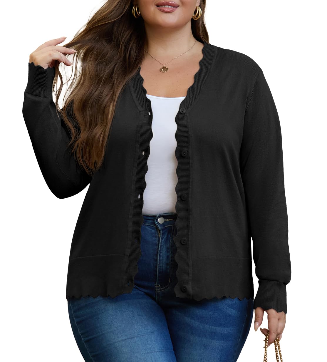 OLRIK Plus Size Cardigan for Women Cropped Long Sleeve V-Neck Buttons Down Ribbed Wave Edges Casual Knit Shrugs
