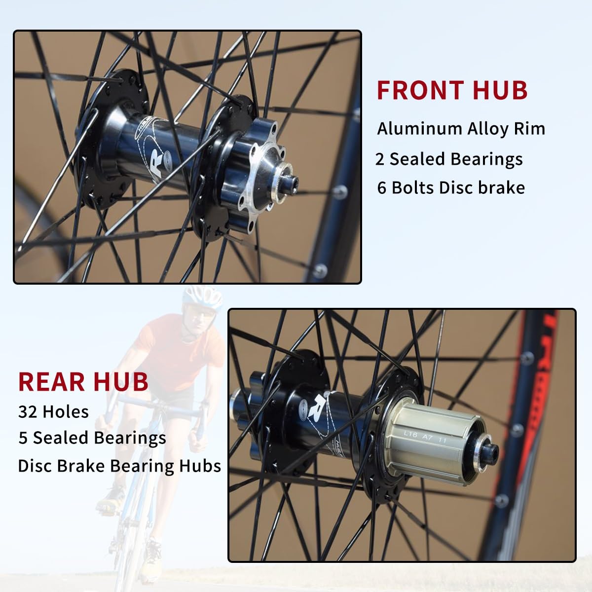 Ruote da Mountain Bike da 26/27,5/29 Pollici, Freni a Disco, 2 Cuscinetti Anteriori e 5 Posteriori, Cerchi in Lega di Alluminio, mozzi a 32 Fori, Cassetta a 8-11 velocità, sgancio