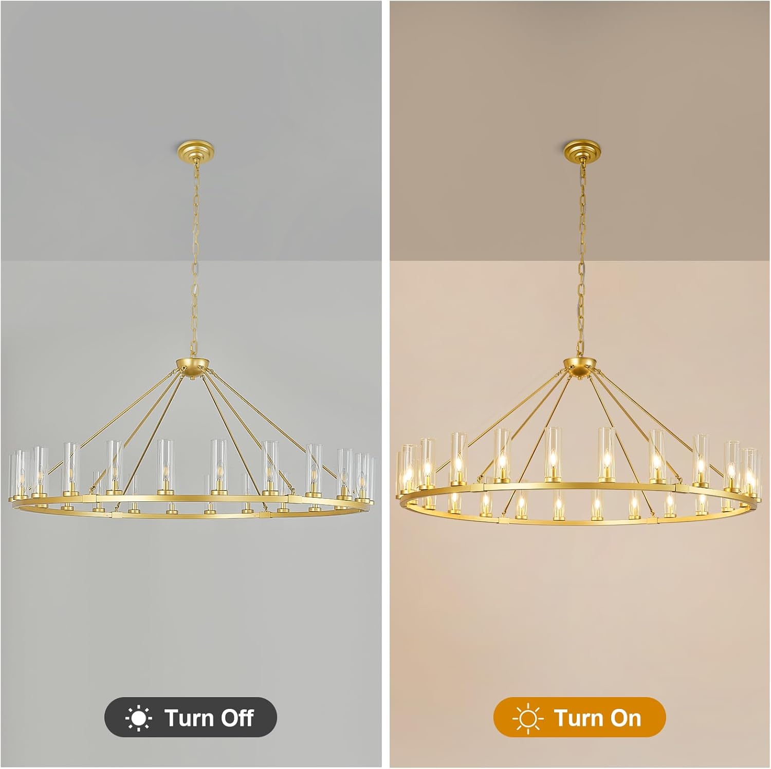 24 Light Large Wagon Wheel Chandelier with Clear Glass Shade Gold Round Pendant Light Farmhouse Industrial Chandeliers Dining Room Light Fixture for Stair Living Room Foyer Kitchen