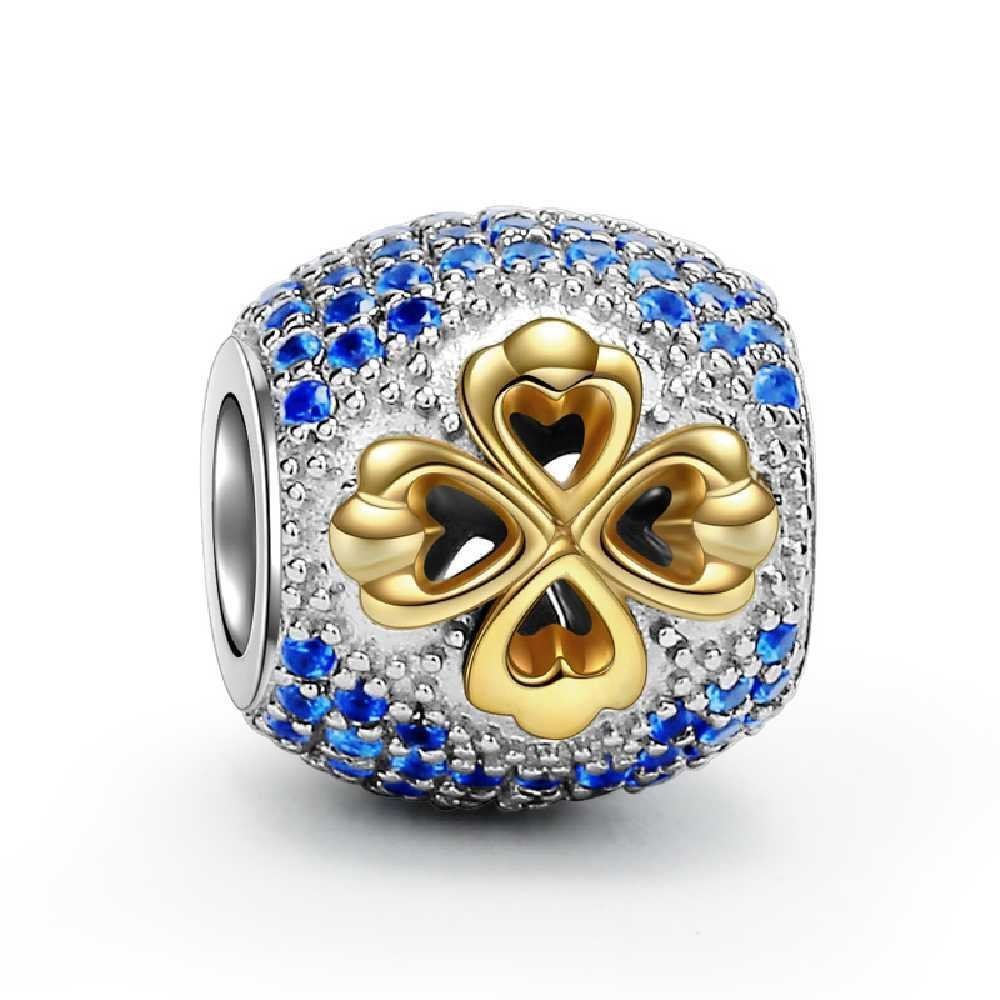 Gold Clover Charm 925 Sterling Silver Beads Paved Blue Cubic Zirconia Charms for Charms Bracelet