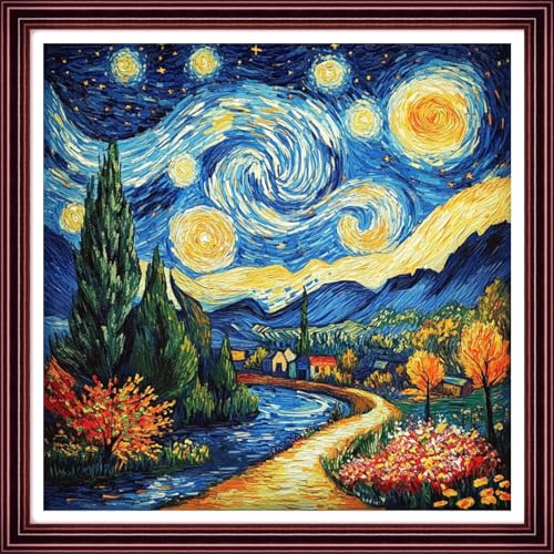 Image of Redxing Stamped Cross Stitch Kits Full Range of Embroidery Starter Kits- Needlepoint Counted Cross Stitch Kits for Beginner Adults 11CT Printed Embroidery Kit-Van Gogh Starry Sky Garden 18x18 inch