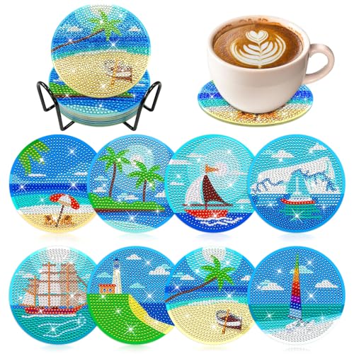 Image of ZTOTZ Ocean Diamond Art Coasters Kit, 8Pcs DIY Crafts | Includes Holder Stand, Cork Backing Pads, Ideal Christmas Gift, For Adults & Beginners, Round 3.9in / 10cm Size