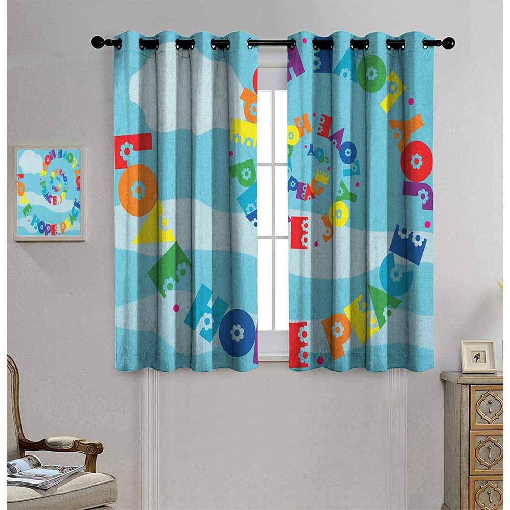 Hope Thermal Insulated Window Drapes, Rainbow Colored Love Hope Peace Joy Message with Sixties Inspired Floral Illustration, Blackout Drapes for Kid's Room, W63 x L45 inch, Multicolor