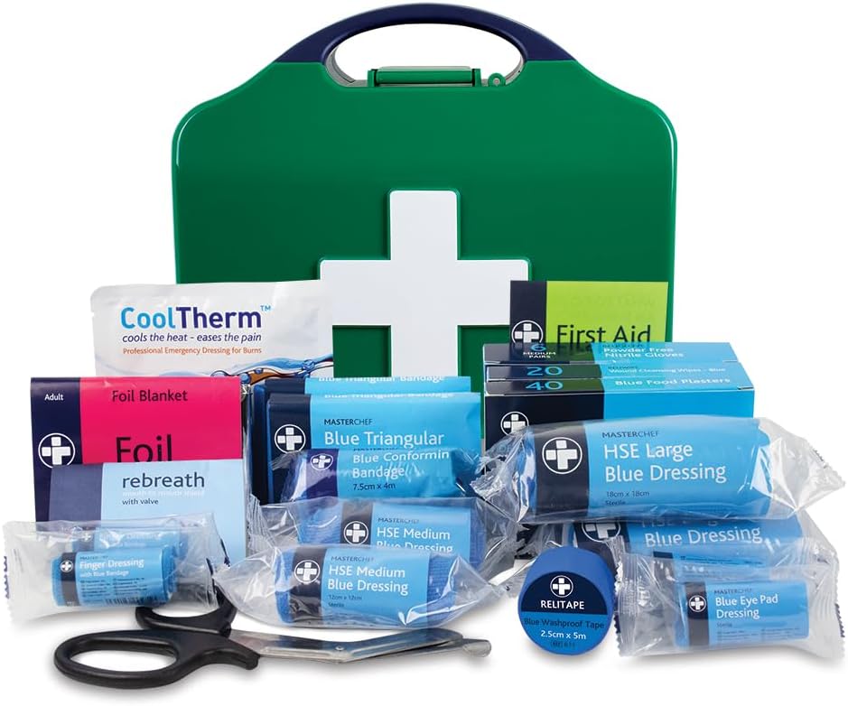 – HSE Compliant Small Catering First Aid Kit - Integral Aura Box for Up to 25 Employees, Ideal for Low-Risk Catering Environments, First Aid Kit With Bandage, Dressing, Foil